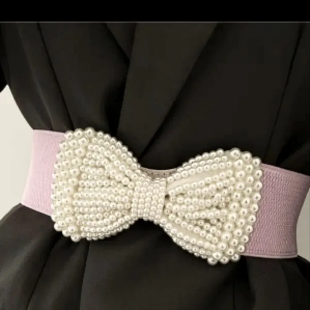 ♡♡♡Faux Pearl Large Bow Wide Stretch Dress Belt Cream Pink Party CLub Wear